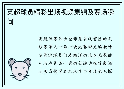 英超球员精彩出场视频集锦及赛场瞬间