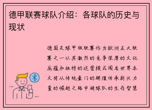 德甲联赛球队介绍：各球队的历史与现状
