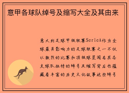 意甲各球队绰号及缩写大全及其由来