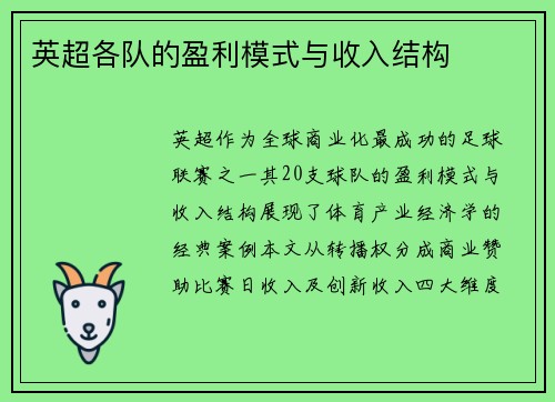 英超各队的盈利模式与收入结构